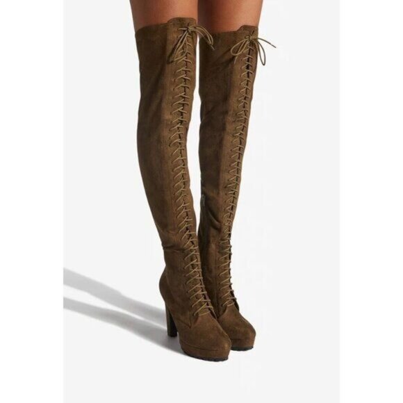 NIB Dark Olive Over The Knee Faux Suede Platform Heel Boots - Picture 1 of 11